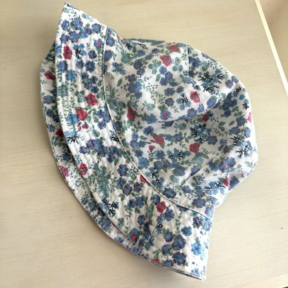 Girls Floral Flower Cotton Bucket Hat, White Blue Pink No Flaws Sun Outdoors Cap